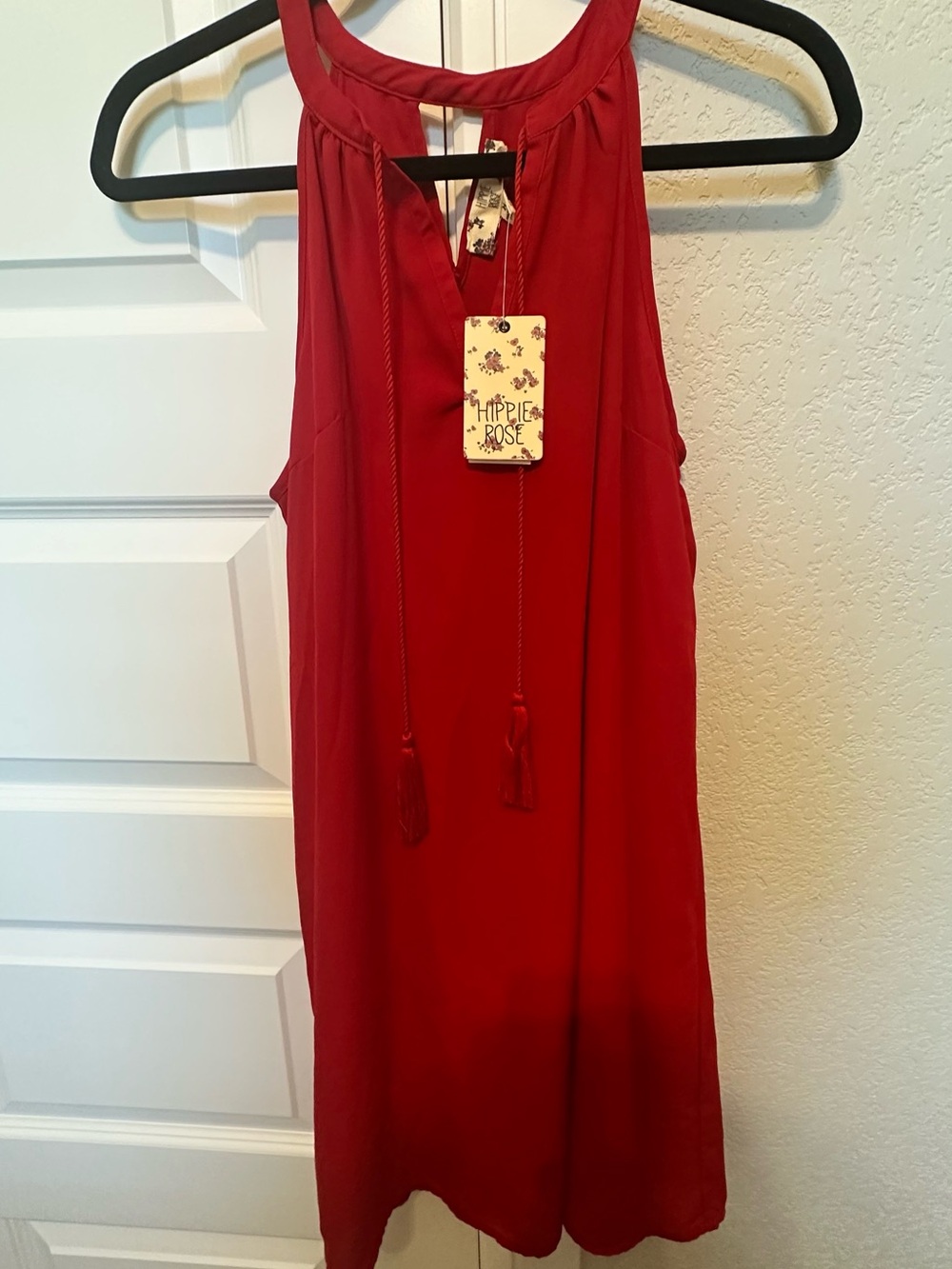 Hippie Rose Crimson Halter Mini Dress with Tassel Tie